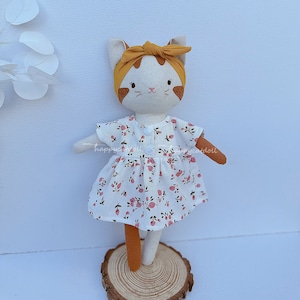 Handmade cat doll with flowers dress/ Embroidered names on request/ Fabric linen stuffed animal toys/ Gift for birthday