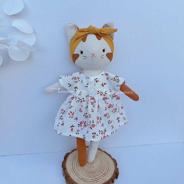 Handmade cat doll with flowers dress/ Embroidered names on request/ Fabric linen stuffed animal toys/ Gift for birthday
