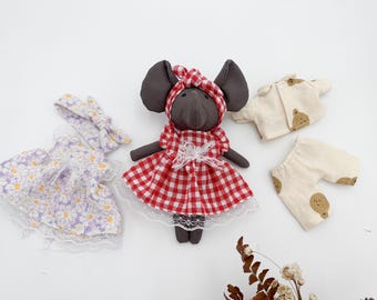 Combo handmade mini elephant doll clothes set with extra removable outfits, handcrafted linen tiny pocket elephant stuffed animal toys
