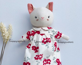 Handmade cat doll with red flowers dress - Birthday gift- Easter gift - First gift for children