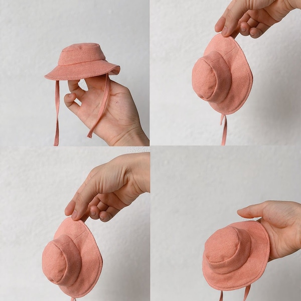 Handmade miniature bucket hat by linen fabric - Tiny accessories for doll - Minimalist gift toys