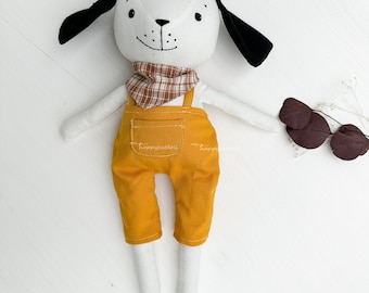 Puppy dog doll with yellow overalls and scarf, handmade gift for children, great present for boy