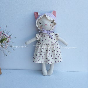 BEST PRICE - Handmade white cat doll with purple pears print dress / Birthday gift- Easter gift- Christmas gift  for her/him