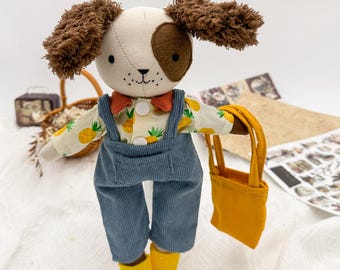 Handmade dog doll with a 2-in-1 outfit summer style, Handcrafted linen puppy doll, Fabric toy for boy, Birthday Baby shower gift
