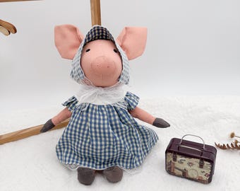 BEST PRICE Handmade fabric linen pig doll with dress and headscarf, Cute pig plushy, Handcrafted birthday gift, Piggy stuffed toys