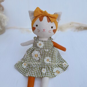 Handcrafted cat doll with dress Handmade natural linen fabric stuffed animal toy kid image 3