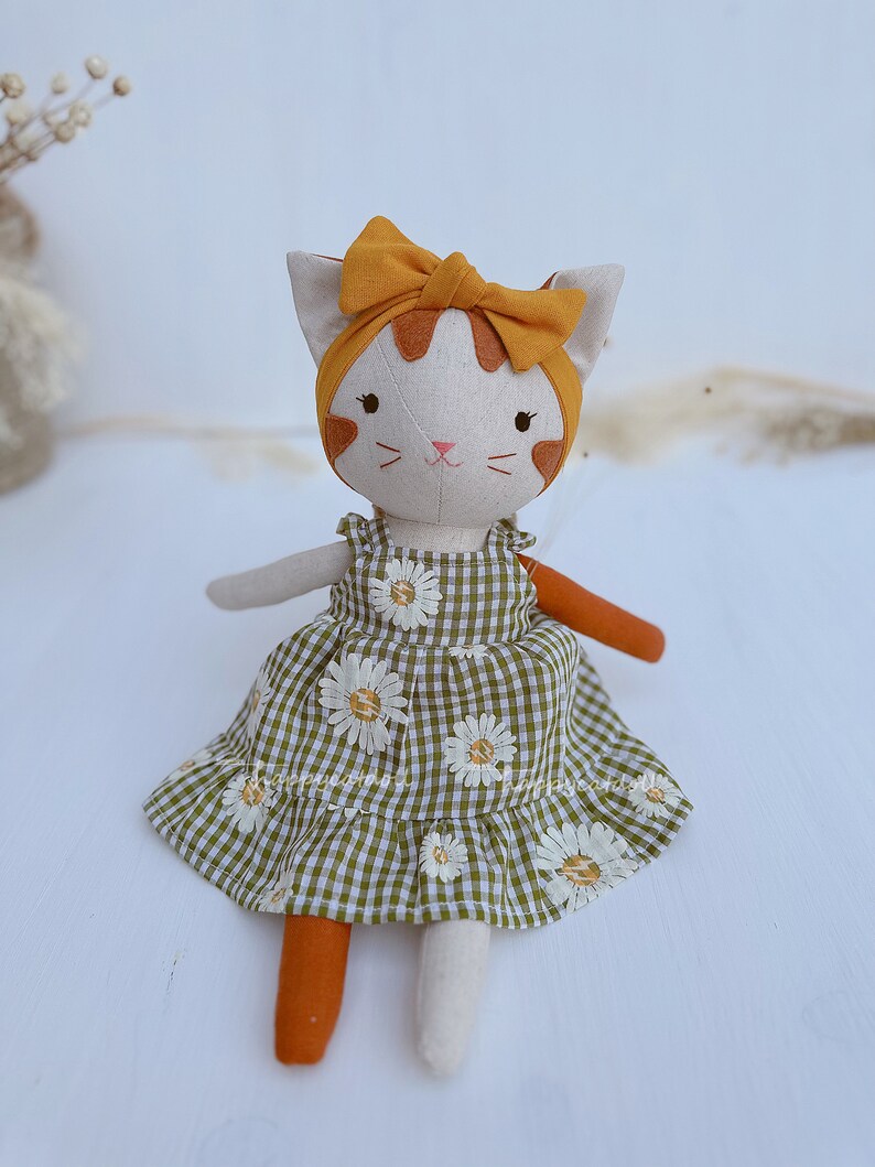 Handcrafted cat doll with dress Handmade natural linen fabric stuffed animal toy kid image 3