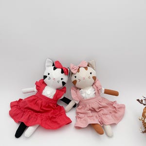 Handmade linen cat doll with cute dress Stuffed animal plushy toys present for birthday, Black and white cat doll, vintage kitty doll