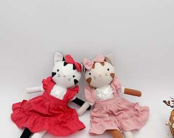 Handmade linen cat doll with cute dress Stuffed animal plushy toys present for birthday, Black and white cat doll, vintage kitty doll