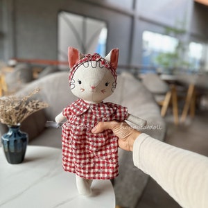 Handmade heirloom cat doll / Stuffed animal by linen fabric toys for kids/ Handcrafted birthday gift image 6