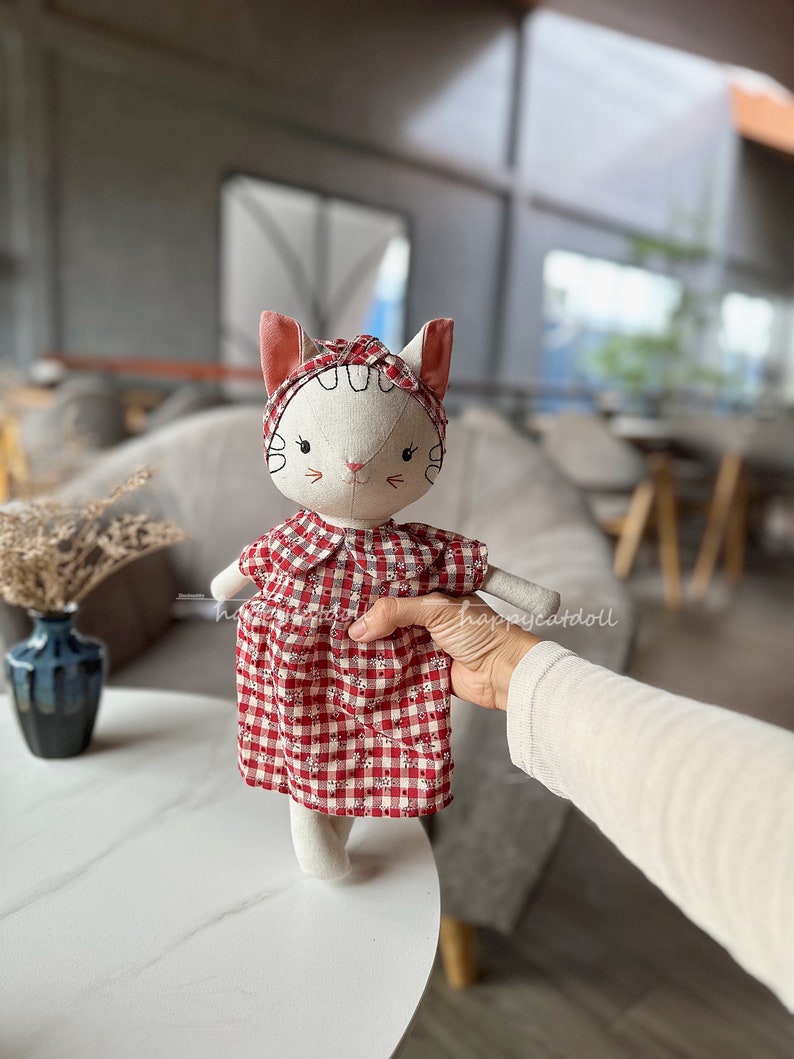 Handmade heirloom cat doll / Stuffed animal by linen fabric toys for kids/ Handcrafted birthday gift image 6
