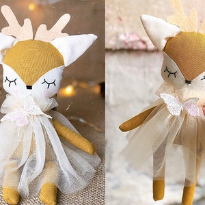 Handmade Deer with removable dress- Stuffed animal plush fabric soft toys- Art doll- Nature fabric doll clothes for girls