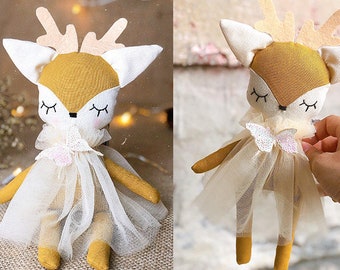 Handmade Deer with removable dress- Stuffed animal plush fabric soft toys- Art doll- Nature fabric doll clothes for girls