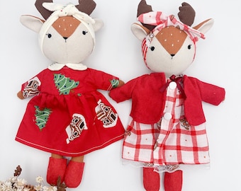Handmade Christmas moose doll with beautiful dresses for girl, Unique art doll for kids, Doll with removable outfits, Personalized plush toy