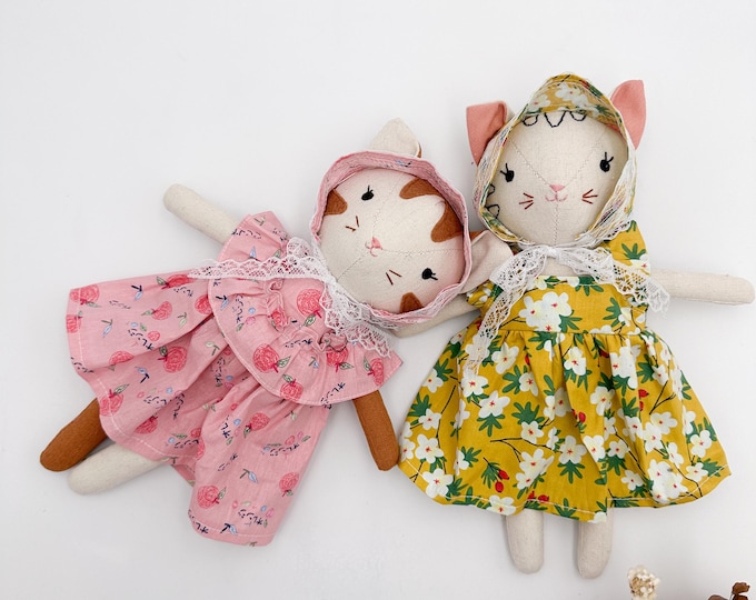 Handcrafted cat doll with floral dress heirloom stuffed animals vintage unique dress for doll