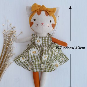 Handcrafted cat doll with dress Handmade natural linen fabric stuffed animal toy kid image 5