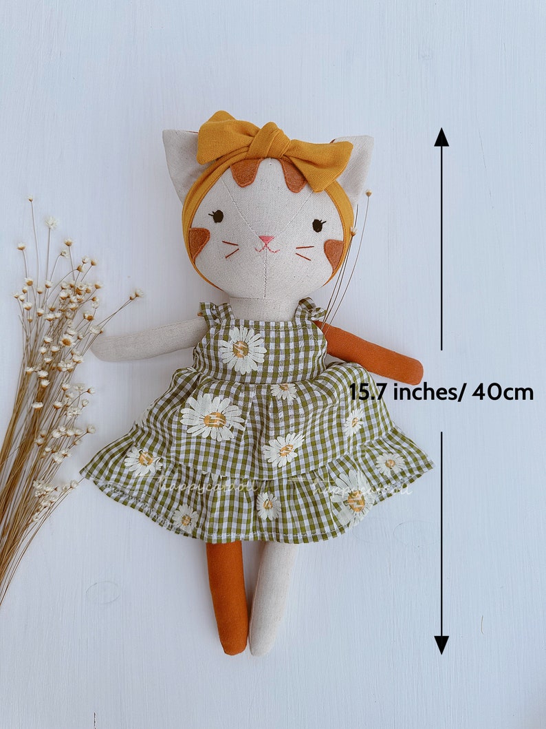 Handcrafted cat doll with dress Handmade natural linen fabric stuffed animal toy kid image 5