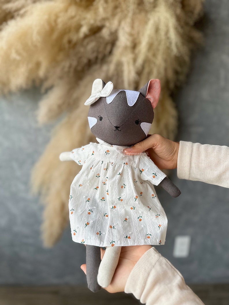 Grey tabby cat doll with rose dress Handmade heirloom stuffed animal toys for nursery Decor home for toddlers image 7