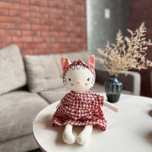 Handmade heirloom cat doll / Stuffed animal by linen fabric toys for kids/ Handcrafted birthday gift image 9