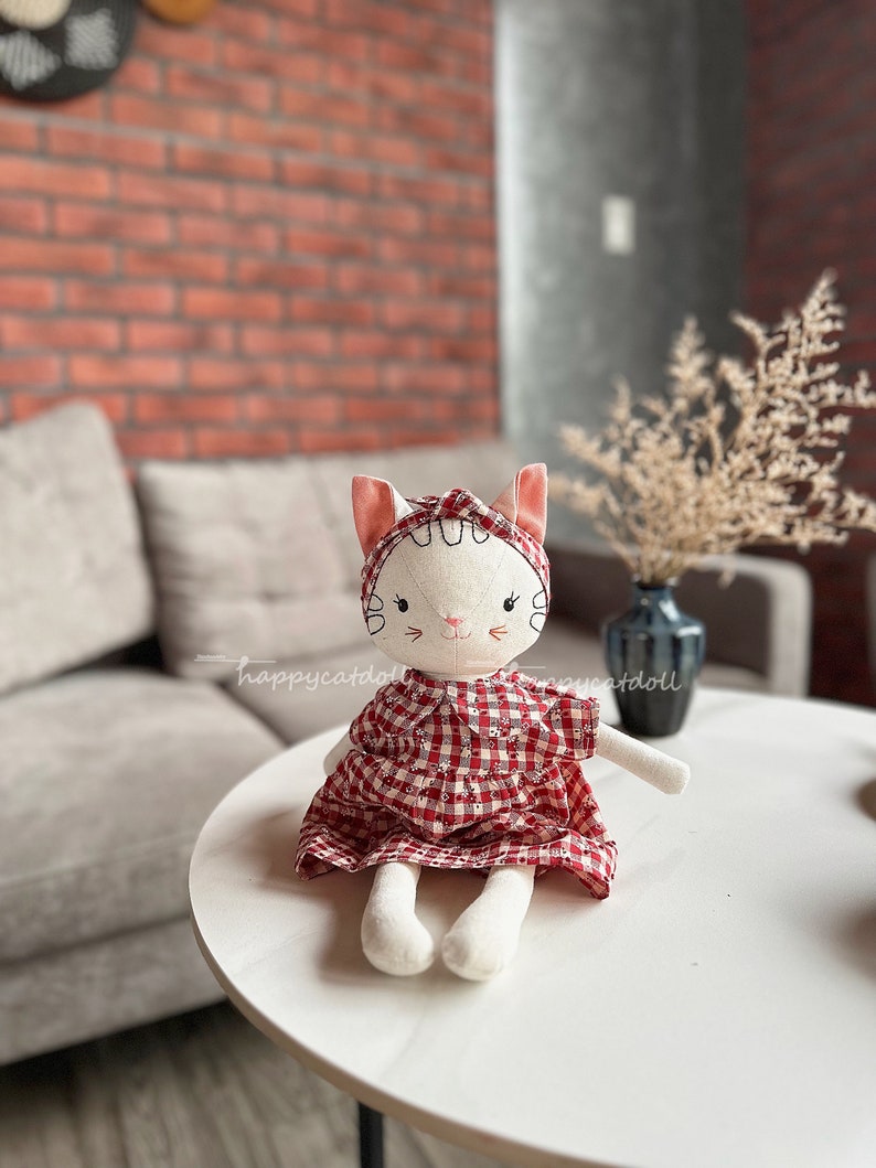 Handmade heirloom cat doll / Stuffed animal by linen fabric toys for kids/ Handcrafted birthday gift image 9