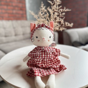 Handmade heirloom cat doll / Stuffed animal by linen fabric toys for kids/ Handcrafted birthday gift