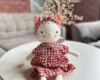 Handmade heirloom cat doll / Stuffed animal by linen fabric toys for kids/ Handcrafted birthday gift