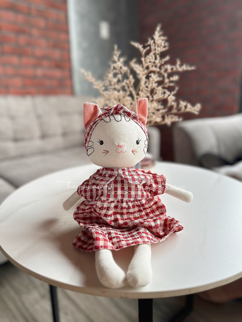 Handmade heirloom cat doll / Stuffed animal by linen fabric toys for kids/ Handcrafted birthday gift image 1