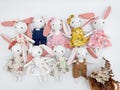 Pocket stuffed bunny Perfect gifts for Easter basket Mini bunny rabbit doll with removable outfit Handmade miniature linen Keychain plush product logo
