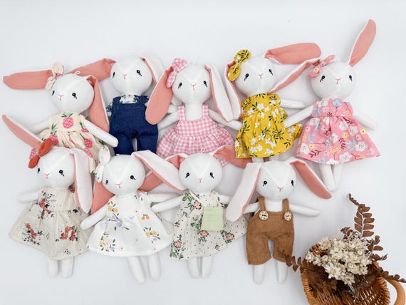 Pocket stuffed bunny Perfect gifts for Easter basket Mini bunny rabbit doll with removable outfit Handmade miniature linen Keychain plush