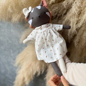 Grey tabby cat doll with rose dress Handmade heirloom stuffed animal toys for nursery Decor home for toddlers image 2