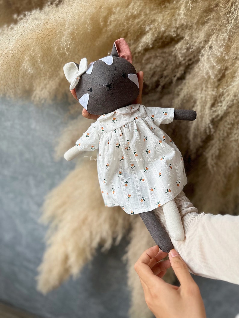 Grey tabby cat doll with rose dress Handmade heirloom stuffed animal toys for nursery Decor home for toddlers image 2