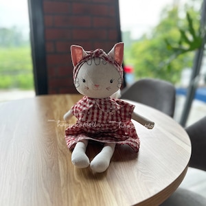 Handmade heirloom cat doll / Stuffed animal by linen fabric toys for kids/ Handcrafted birthday gift image 4