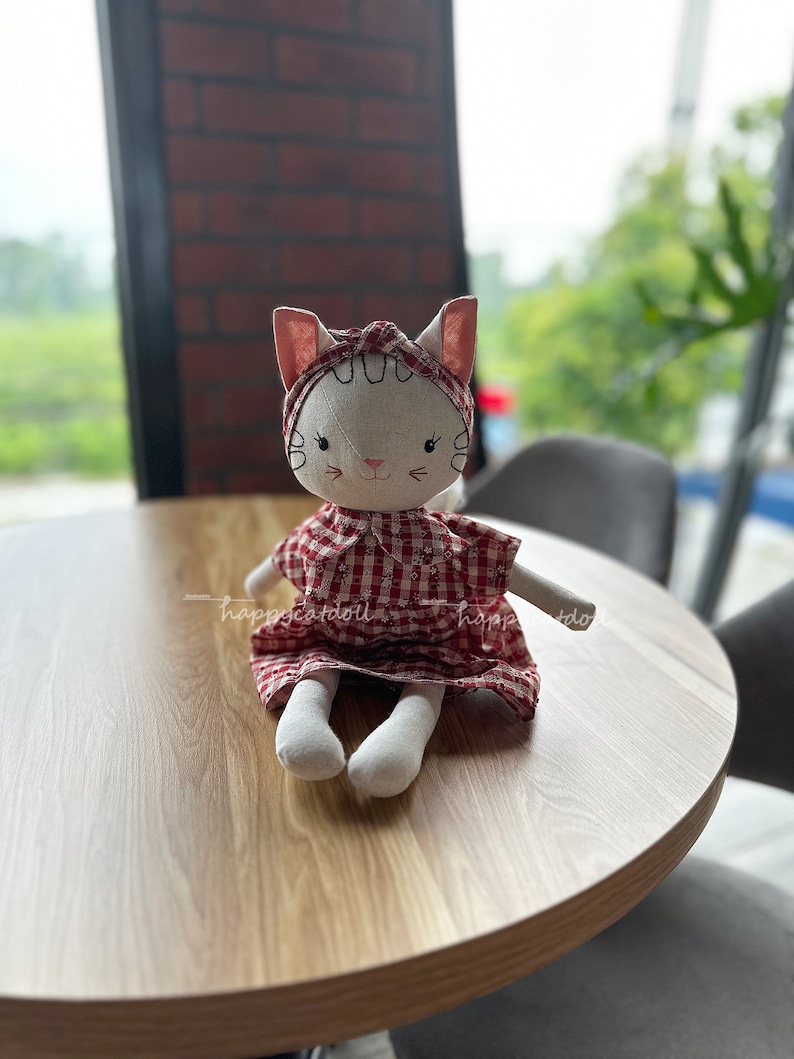 Handmade heirloom cat doll / Stuffed animal by linen fabric toys for kids/ Handcrafted birthday gift image 4