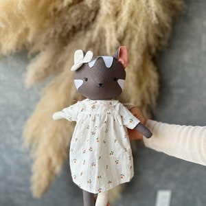 Grey tabby cat doll with rose dress Handmade heirloom stuffed animal toys for nursery Decor home for toddlers image 6