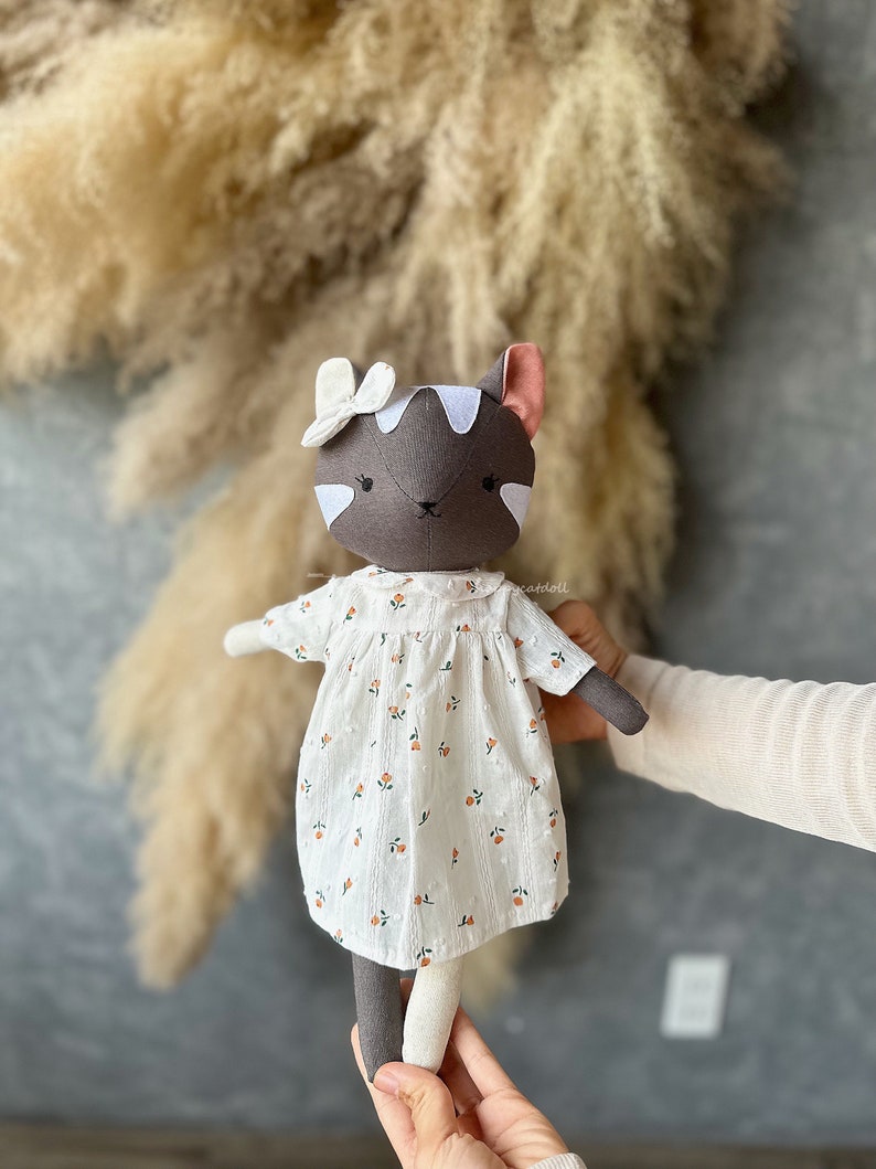 Grey tabby cat doll with rose dress Handmade heirloom stuffed animal toys for nursery Decor home for toddlers image 6