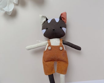 Handcrafted cat doll with removable overalls- Gift for Christmas- Christening- Birthday