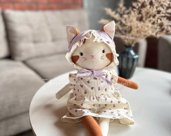 Handmade kitty doll with purple pears dress - Birthday gift/ Easter gift/ Chirstmas gift for children