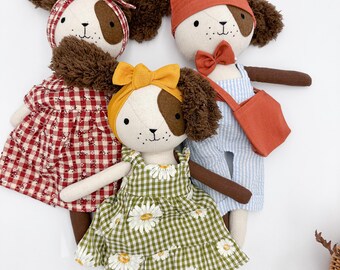 Big size handmade linen dog doll with removable outfits, Handcrafted stuffed animal puppy doll, Cute dog plushy toys, Birthday gift