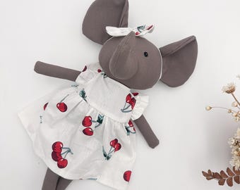 Handmade elephant doll with cherry dress, Linen plush toy for kids, birthday gift for girl, elephant stuffed animal dolls