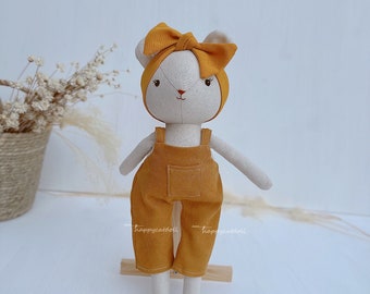 Teddy bear with yellow overalls- Great handmade gift for girl - Soft toys for children