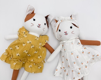 Handcrafted linen cat doll with dress, handmade stuffed animal cat toys, kitty plushy doll, gift for baby, Christmas present