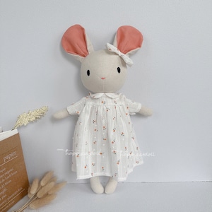 Big Size fabric linen mouse doll with rose dress, plushies heirloom doll, handmade birthday gift for children, first babydoll