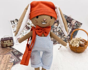 Brown bunny linen doll with removable clothes, Handmade stuffed animal rabbit toy, Unique design doll for collectors, Birthday gift for boy