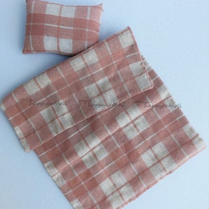 Plaid pattern blankets and pillows for dolls- Super soft fabric - Handmade safe toys for kids