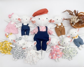 Handmade tiny linen lamb dolls Miniature doll for dollhouse Mini pocket lamb plush Keychain stuffed animal sheep doll Removable outfit