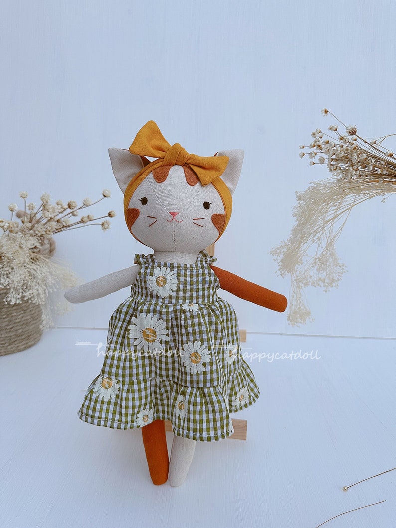 Handcrafted cat doll with dress Handmade natural linen fabric stuffed animal toy kid image 7