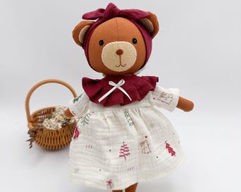 Handcrafted brown teddy bear doll with Christmas dress, Stuffed animal linen doll, Birthday baby shower gift for children, Best Price doll