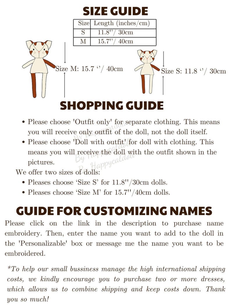 Pode incluir: Um guia para personalizar nomes para uma boneca de gato feita &agrave; m&atilde;o. O guia inclui dois tamanhos: 30 cm e 40 cm. A boneca &eacute; mostrada em ambos os tamanhos. O guia tamb&eacute;m inclui informa&ccedil;&otilde;es sobre a compra de bordados de nomes para a boneca.