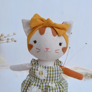 Handcrafted cat doll with dress Handmade natural linen fabric stuffed animal toy kid image 8