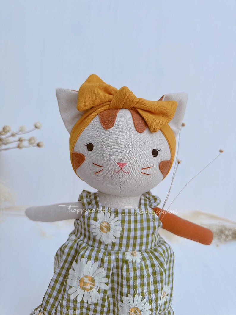 Handcrafted cat doll with dress Handmade natural linen fabric stuffed animal toy kid image 8